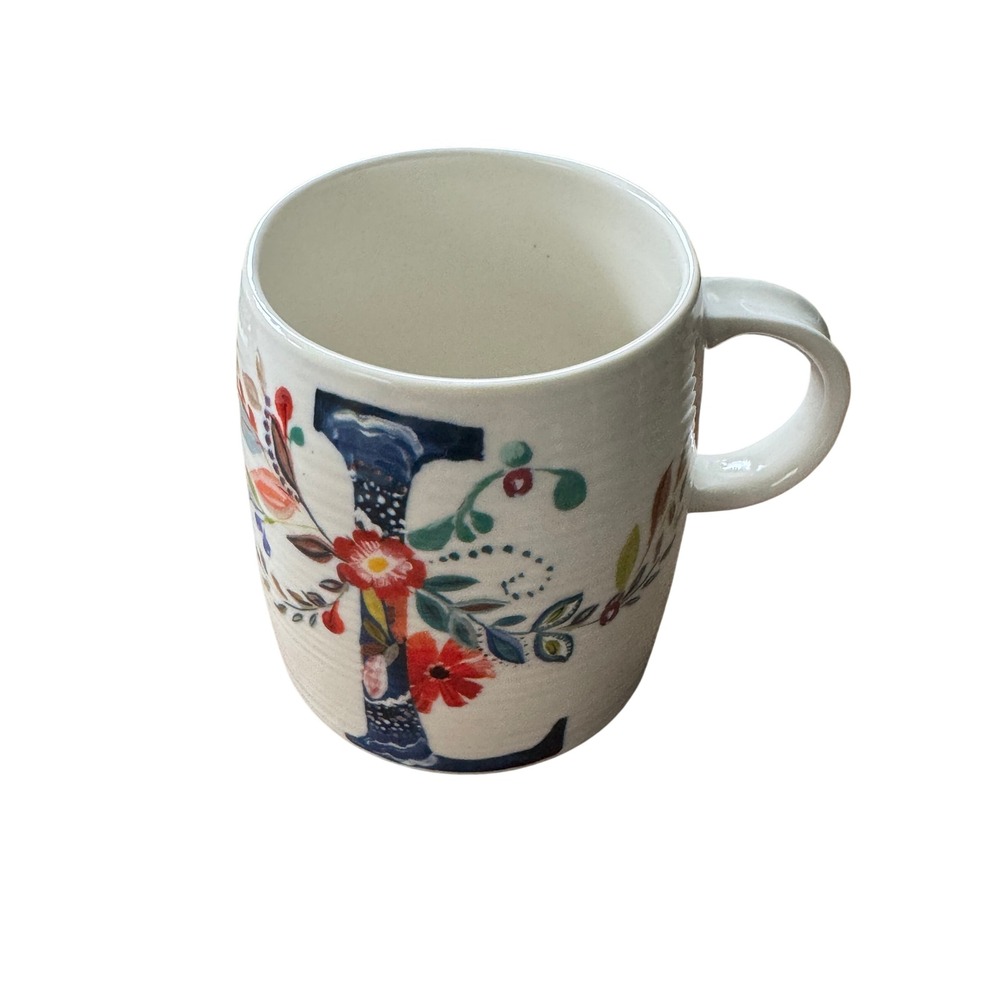 Anthropologie Starla M Halfmann Monogram L Floral Ceramic Coffee Mug Cream Multi - Picture 5 of 6